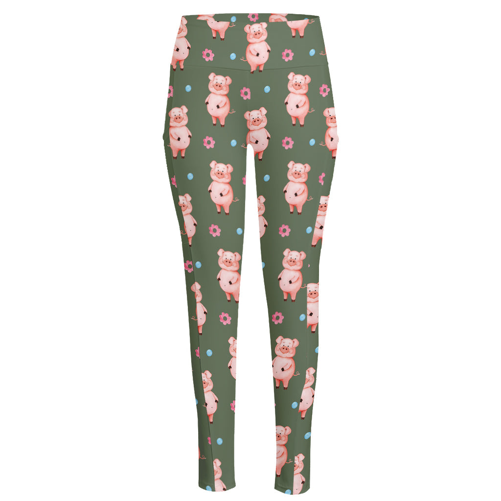 Vintage Pink Pig Pattern Print High-Waisted Pocket Leggings