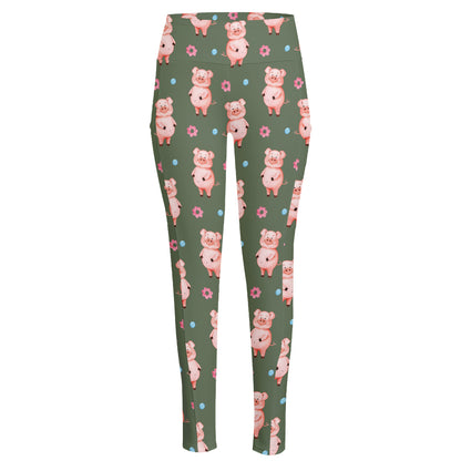 Vintage Pink Pig Pattern Print High-Waisted Pocket Leggings