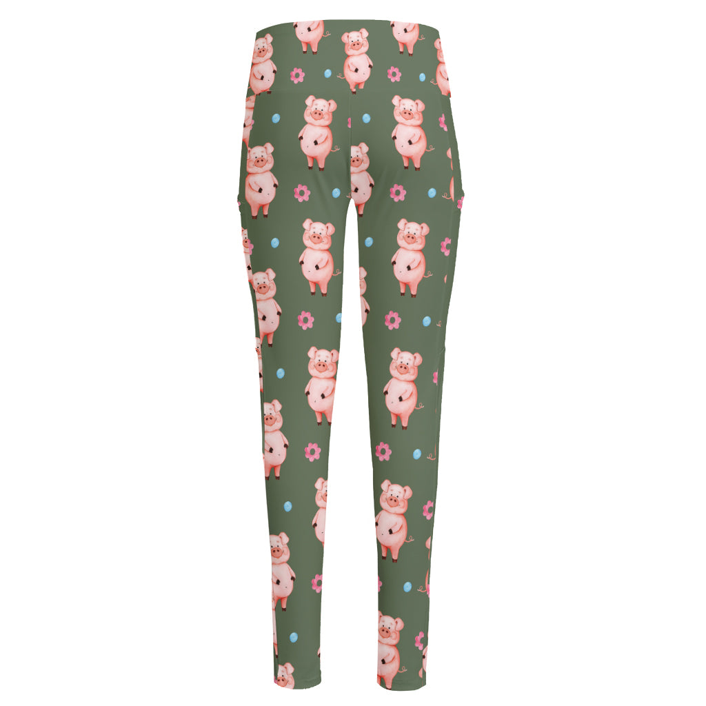 Vintage Pink Pig Pattern Print High-Waisted Pocket Leggings