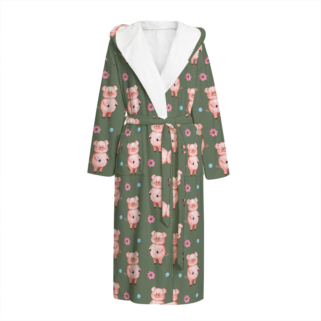 Vintage Pink Pig Pattern Print Hooded Bathrobe