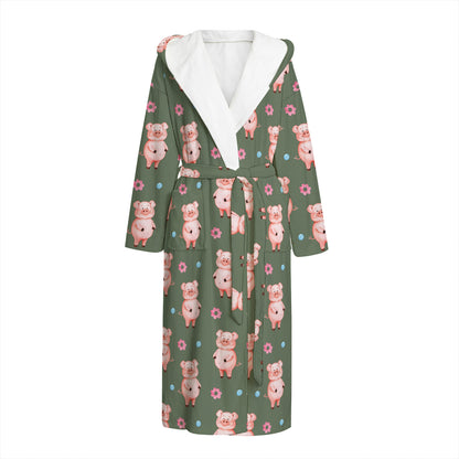 Vintage Pink Pig Pattern Print Hooded Bathrobe