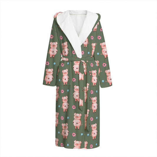 Vintage Pink Pig Pattern Print Hooded Bathrobe