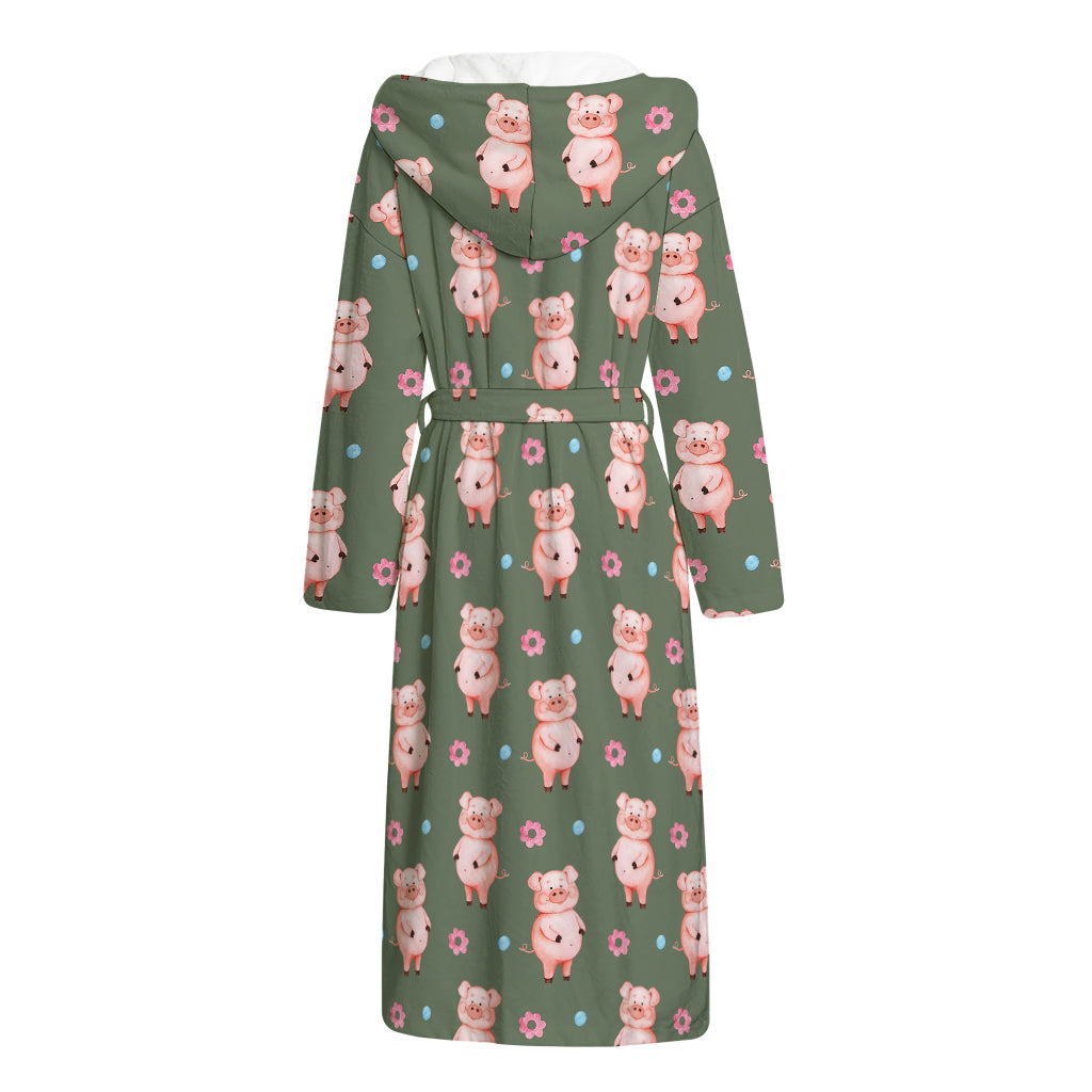 Vintage Pink Pig Pattern Print Hooded Bathrobe