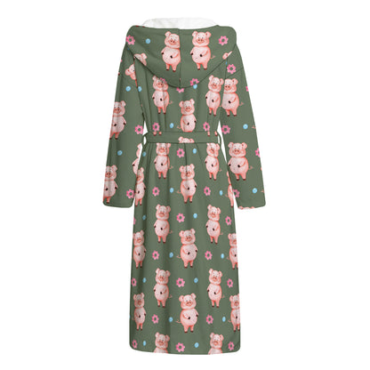 Vintage Pink Pig Pattern Print Hooded Bathrobe