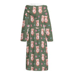 Vintage Pink Pig Pattern Print Hooded Bathrobe