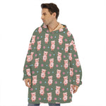 Vintage Pink Pig Pattern Print Hoodie Blanket