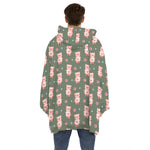 Vintage Pink Pig Pattern Print Hoodie Blanket