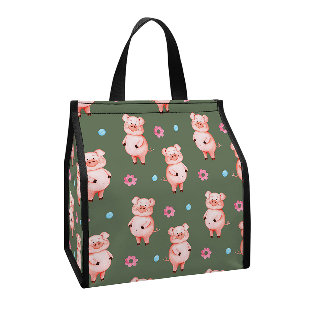 Vintage Pink Pig Pattern Print Insulated Lunch Tote