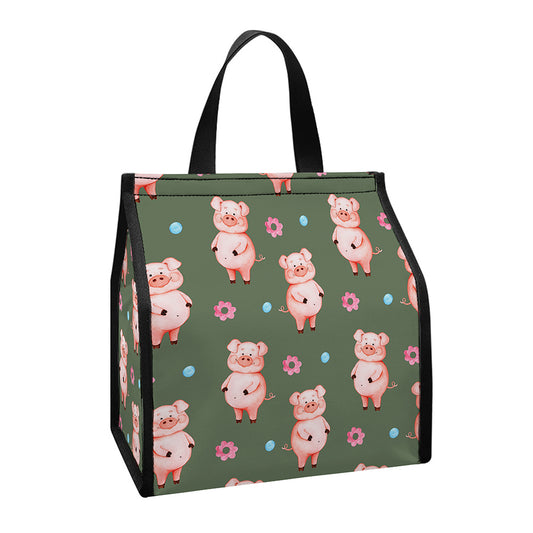 Vintage Pink Pig Pattern Print Insulated Lunch Tote