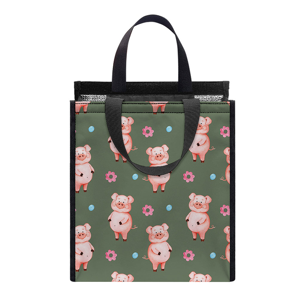 Vintage Pink Pig Pattern Print Insulated Lunch Tote