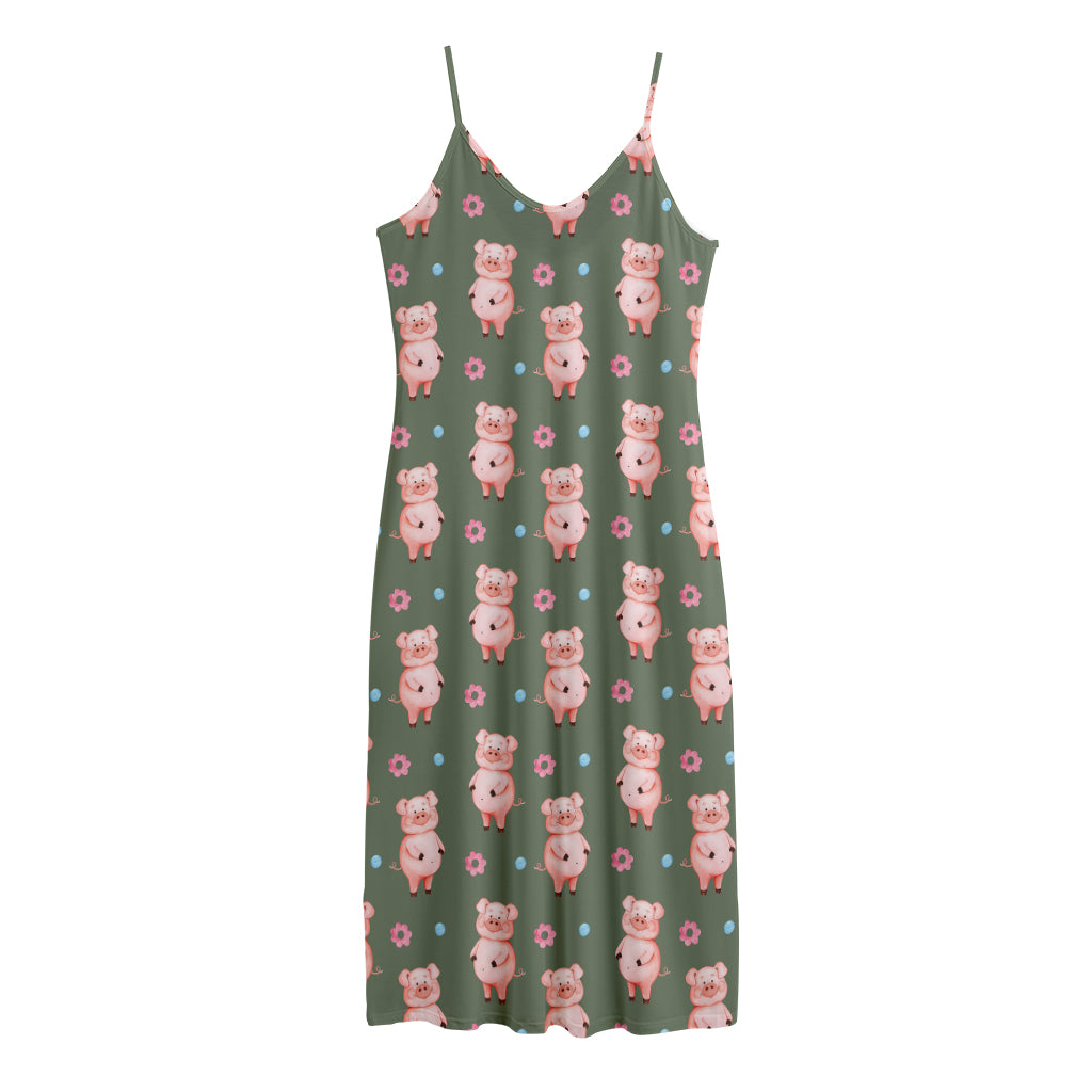 Vintage Pink Pig Pattern Print Jersey Midi Cami Dress