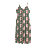 Vintage Pink Pig Pattern Print Jersey Midi Cami Dress