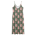 Vintage Pink Pig Pattern Print Jersey Midi Cami Dress
