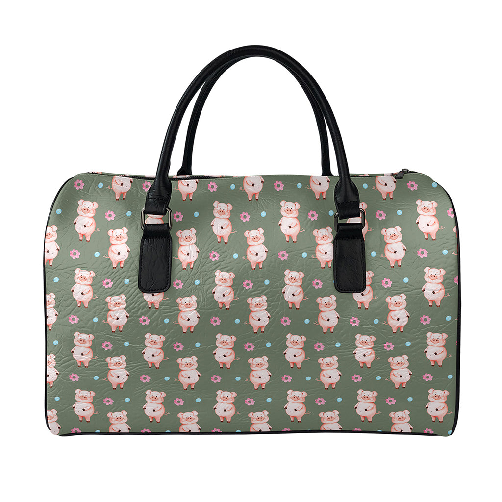 Vintage Pink Pig Pattern Print Leather Duffle Bag