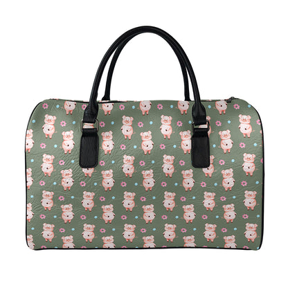 Vintage Pink Pig Pattern Print Leather Duffle Bag