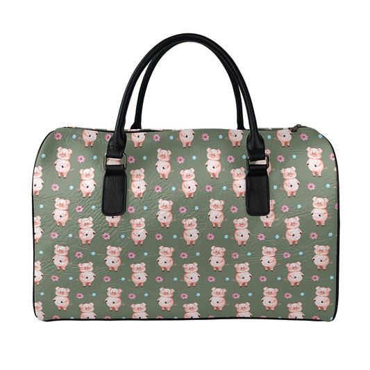 Vintage Pink Pig Pattern Print Leather Duffle Bag