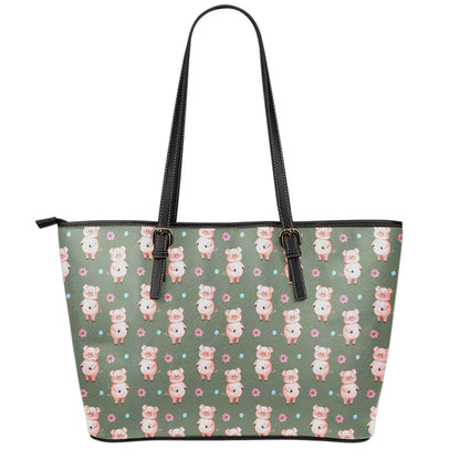 Vintage Pink Pig Pattern Print Leather Tote Bag