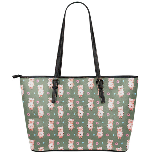 Vintage Pink Pig Pattern Print Leather Tote Bag