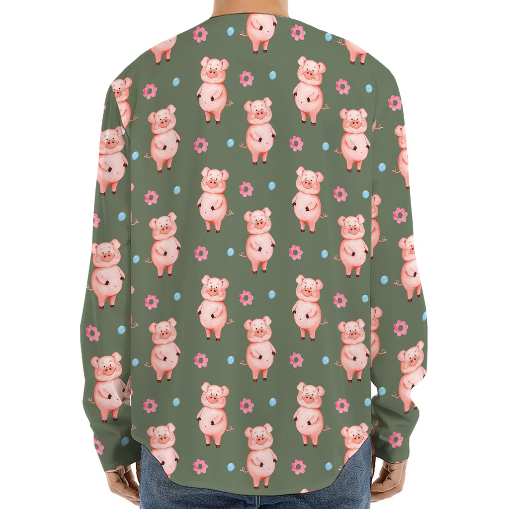 Vintage Pink Pig Pattern Print Long Sleeve Baseball Jersey