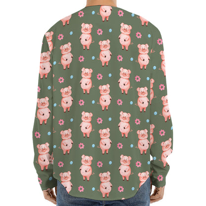 Vintage Pink Pig Pattern Print Long Sleeve Baseball Jersey