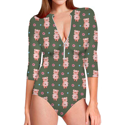 Vintage Pink Pig Pattern Print Long Sleeve Swimsuit