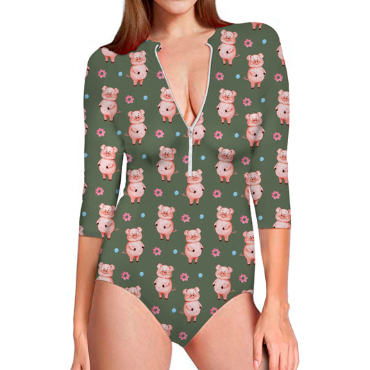 Vintage Pink Pig Pattern Print Long Sleeve Swimsuit