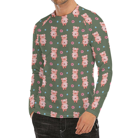 Vintage Pink Pig Pattern Print Men's Long Sleeve Rash Guard