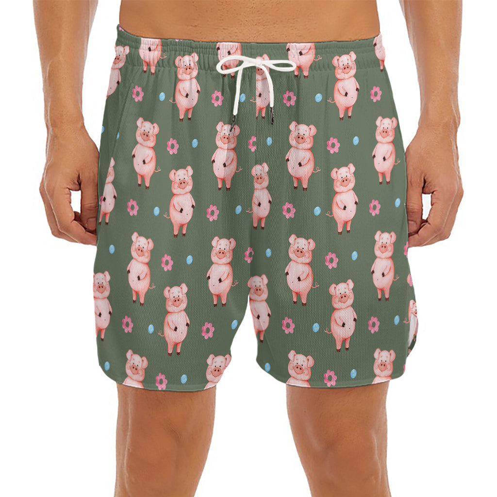 Vintage Pink Pig Pattern Print Men's Split Running Shorts