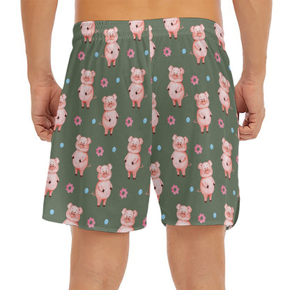 Vintage Pink Pig Pattern Print Men's Split Running Shorts