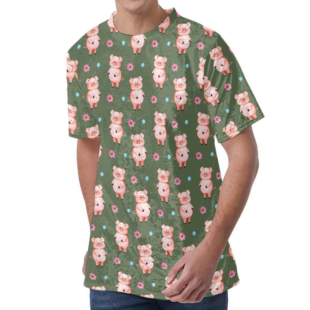 Vintage Pink Pig Pattern Print Men's Velvet T-Shirt