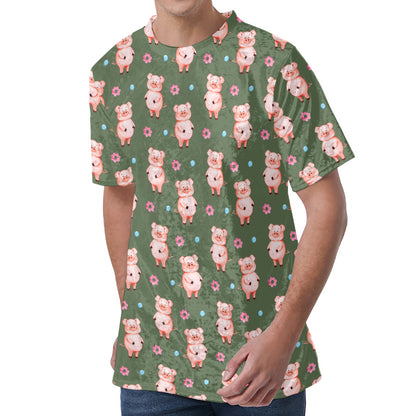 Vintage Pink Pig Pattern Print Men's Velvet T-Shirt