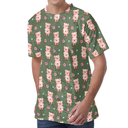 Vintage Pink Pig Pattern Print Men's Velvet T-Shirt