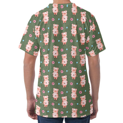 Vintage Pink Pig Pattern Print Men's Velvet T-Shirt