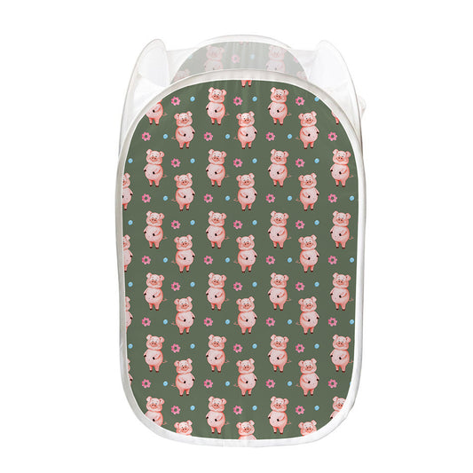 Vintage Pink Pig Pattern Print Mesh Laundry Hamper
