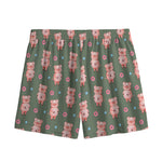 Vintage Pink Pig Pattern Print Mesh Shorts