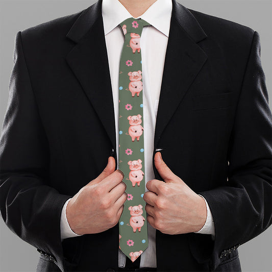 Vintage Pink Pig Pattern Print Necktie
