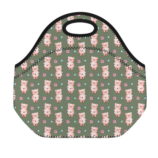 Vintage Pink Pig Pattern Print Neoprene Lunch Bag