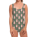 Vintage Pink Pig Pattern Print One Piece Swimsuit