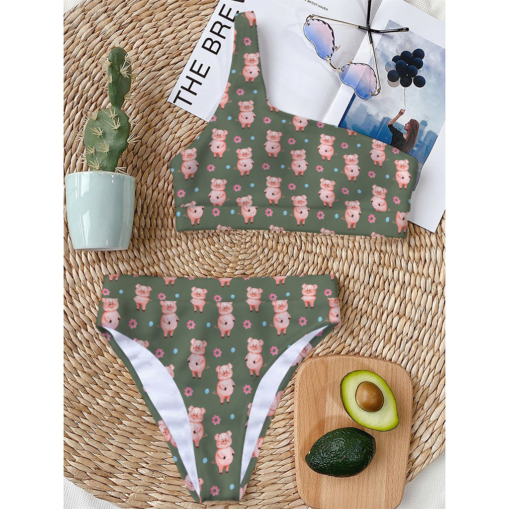 Vintage Pink Pig Pattern Print One Shoulder Bikini Top