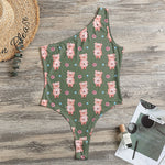 Vintage Pink Pig Pattern Print One Shoulder Bodysuit