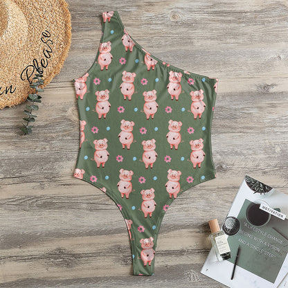 Vintage Pink Pig Pattern Print One Shoulder Bodysuit