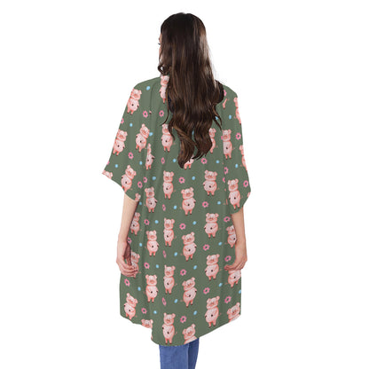 Vintage Pink Pig Pattern Print Open Front Beach Cover Up