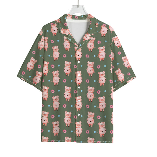 Vintage Pink Pig Pattern Print Rayon Hawaiian Shirt