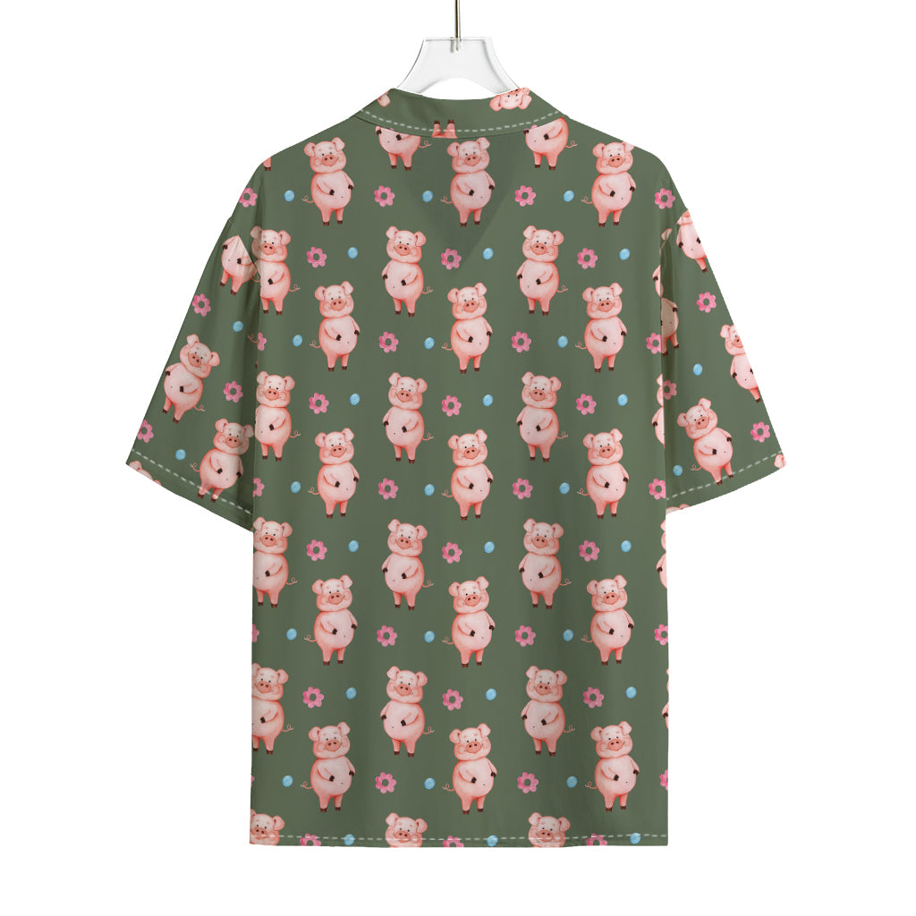 Vintage Pink Pig Pattern Print Rayon Hawaiian Shirt