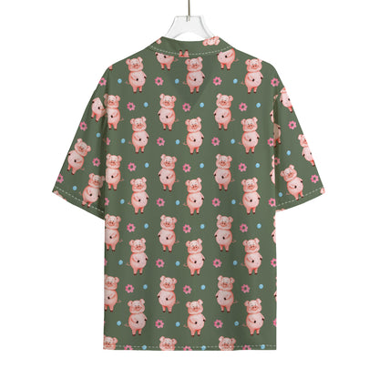 Vintage Pink Pig Pattern Print Rayon Hawaiian Shirt
