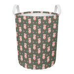Vintage Pink Pig Pattern Print Round Laundry Basket