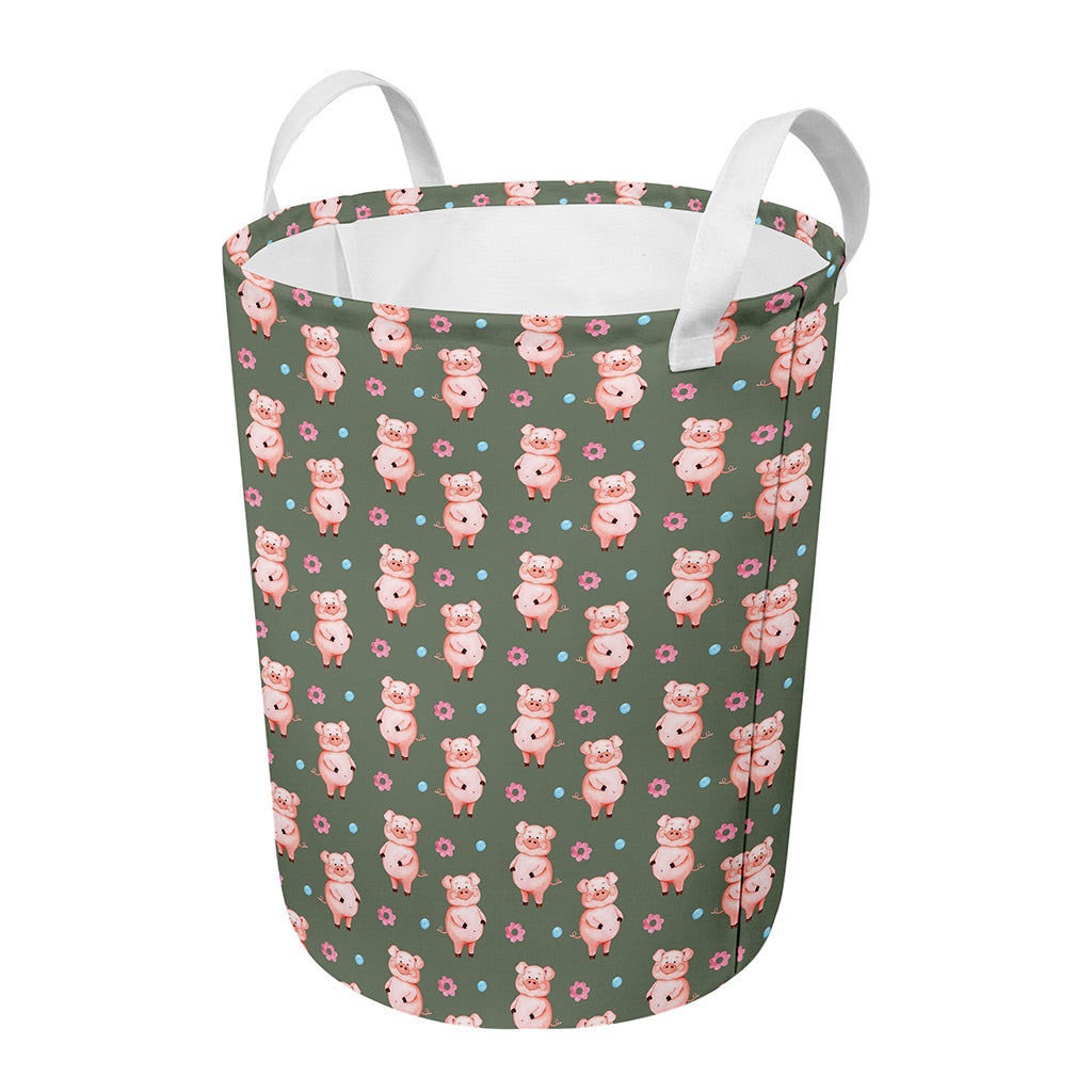 Vintage Pink Pig Pattern Print Round Laundry Basket