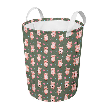 Vintage Pink Pig Pattern Print Round Laundry Basket