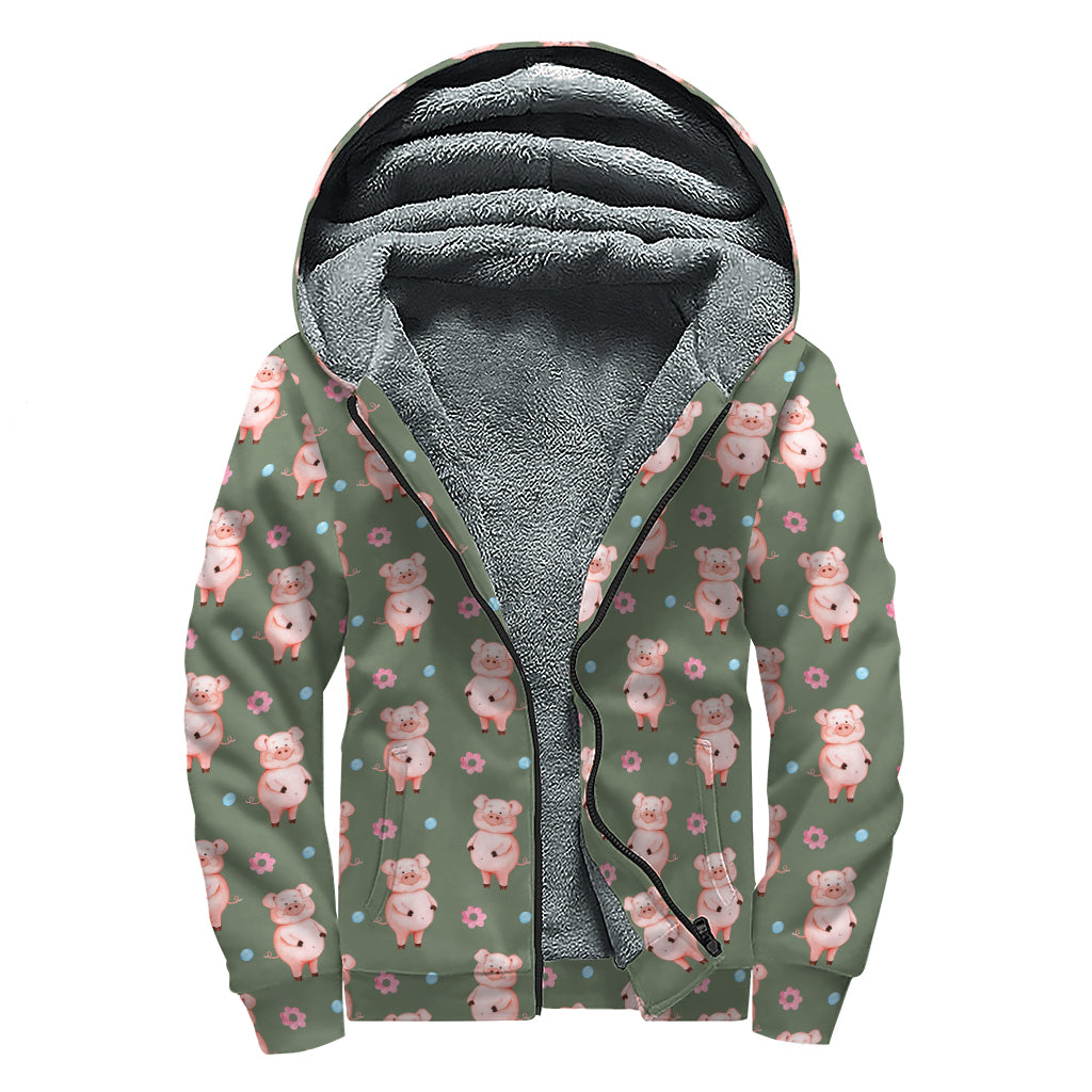 Vintage Pink Pig Pattern Print Sherpa Lined Zip Up Hoodie