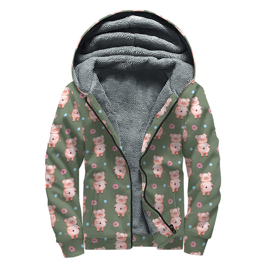 Vintage Pink Pig Pattern Print Sherpa Lined Zip Up Hoodie
